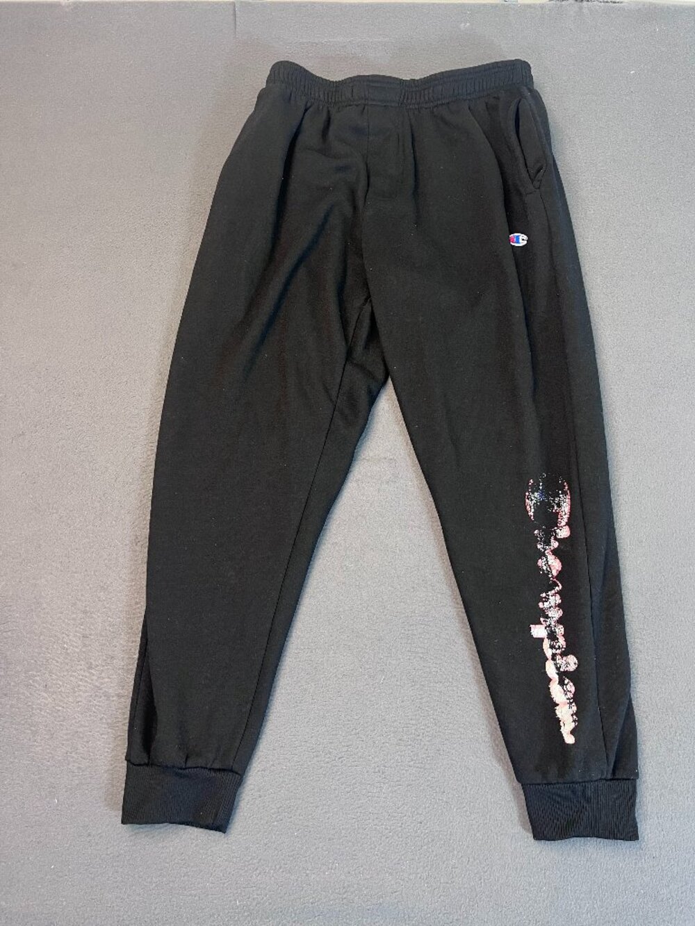 Champion Men's Fleece Jogager Sweatpants XL Black Spellout Logo Pull On Print